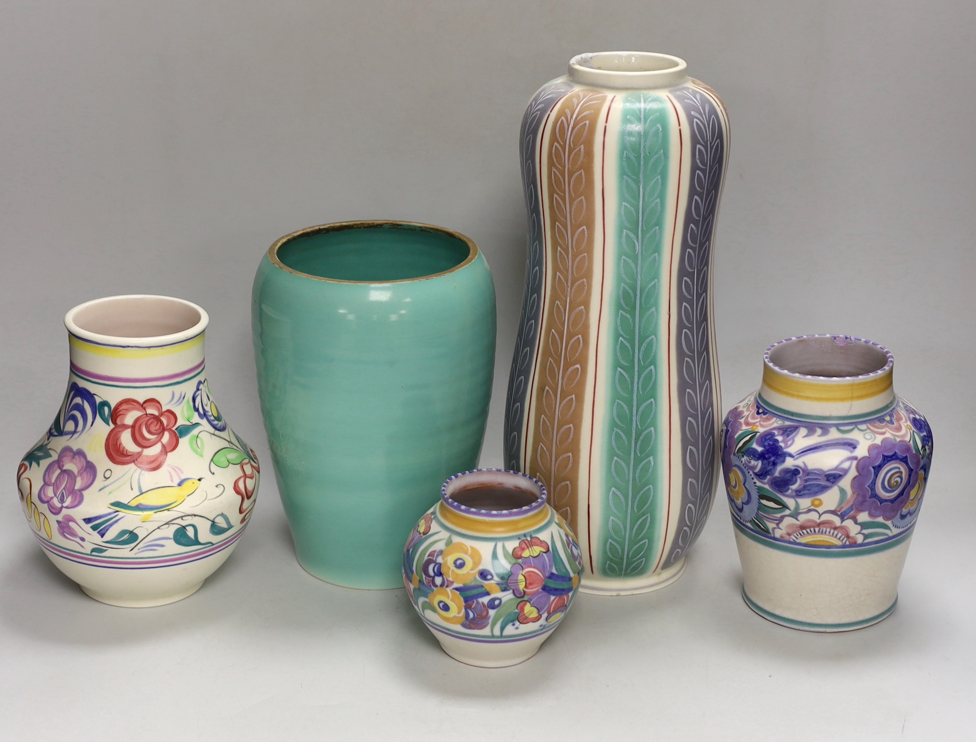 Five various Poole pottery vases, largest 32cm